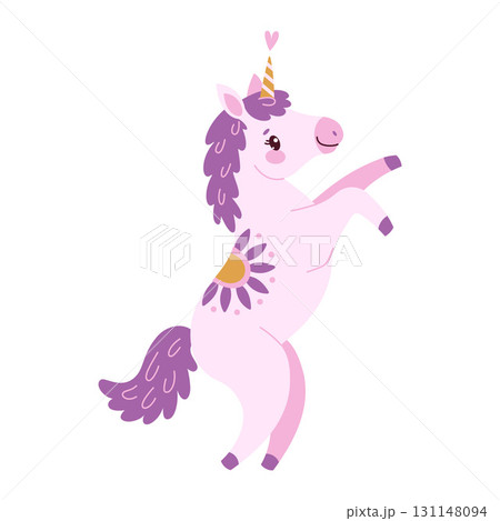 Cute lavender magical unicorn. Hand drawn flat style magical pony  131148094