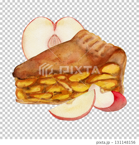 Watercolor slice of homemade pie with fruit filling, peach tart with cut apple pieces. Hand drawn dessert element. Kitchen wall art, food fest menus, sweets blog illustrations, bakery sticker sets. 131148156
