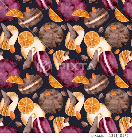 Watercolor moon pies, mousse filled whoopie pies with orange slices, chocolate bits. Hand painted, isolated on dark. Tiled designs, wrapping paper, packaging labels, culinary seamless patterns. 131148173