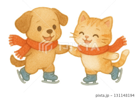 【冬】スケートを滑る子犬と子猫のイラスト 131148194