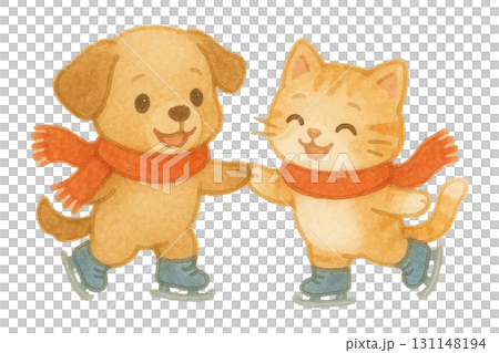 【冬】スケートを滑る子犬と子猫のイラスト 131148194
