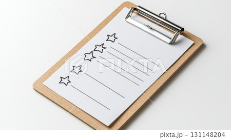 Clipboard with attached feedback form on a white background featuring rating scale and comment section. Survey research answer checklist 131148204