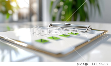 Horizontal clipboard with checklist and green checkmarks on a glossy white table in soft natural lighting. Survey research answer checklist 131148205