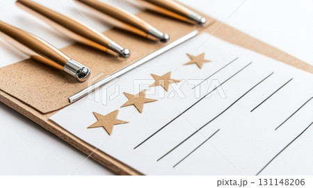 Isolated clipboard with feedback form featuring rating scale and comment space. Survey research answer checklist 131148206