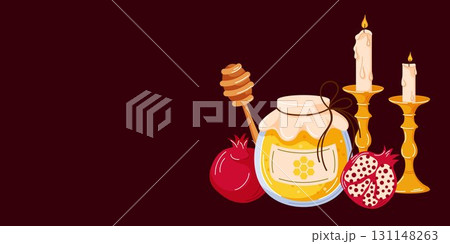Rosh Hashanah greeting banner with honey jar, honey dipper, pomegranate and candle card for jewish new year celebration in cartoon style. 131148263