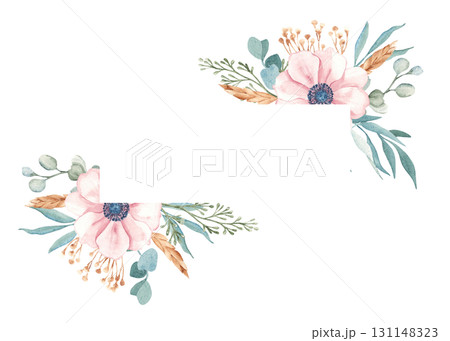 Watercolor floral horizontal Frame. Anemones with Eucalyptus Branches, Dry yellow Tansy and Spikelets of Wheat or Rye. Watercolor Hand drawn botanical illustration isolated on a background. For 131148323