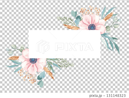 Watercolor floral horizontal Frame. Anemones with Eucalyptus Branches, Dry yellow Tansy and Spikelets of Wheat or Rye. Watercolor Hand drawn botanical illustration isolated on a background. For 131148323