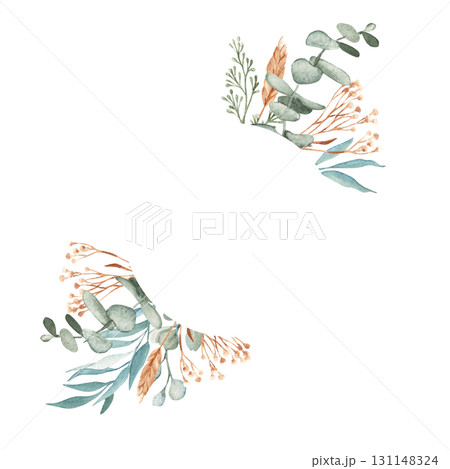 Eucalyptus Branches and dry flowers round circle Frame. Dry yellow Tansy and Spikelets of Wheat or Rye. Watercolor Hand drawn floral illustration isolated on a background. For greeting cards, wedding 131148324