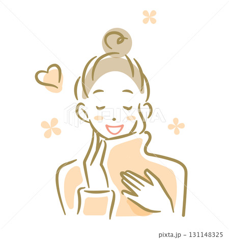 肌触りの良いセーターに笑顔になる女性　ソフトなタッチのお洒落な線画イラスト 131148325