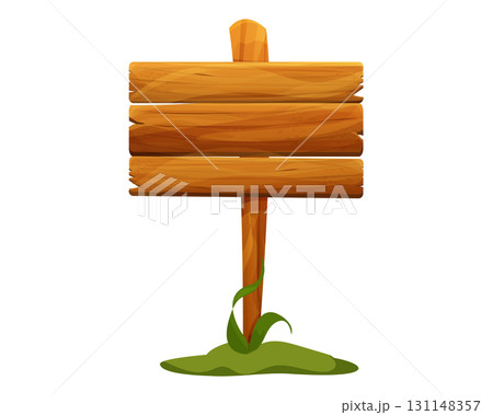 Wooden signposts, empty board textured wood plank.Wood plank frame game signpost, farm garden or jungle pointing panel. Set menu ui design. Outdoor empty textured arrow 131148357