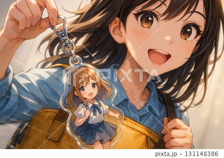 キーホルダーを見せる笑顔の美少女 131148386