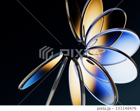 Abstract black 3d background with neon glass circle disc, radiant blue yellow gradient. Crystal round disks, holographic transparent lens, circular motion effect. Digital tech banner. 3D illustration 131148476