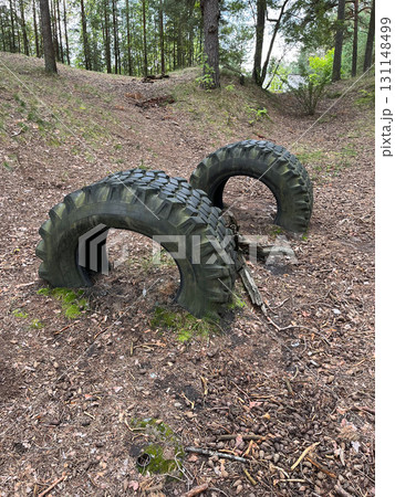 Tractor tires buried in forest obstacle course Tractor tires buried in forest obstacle course 131148499