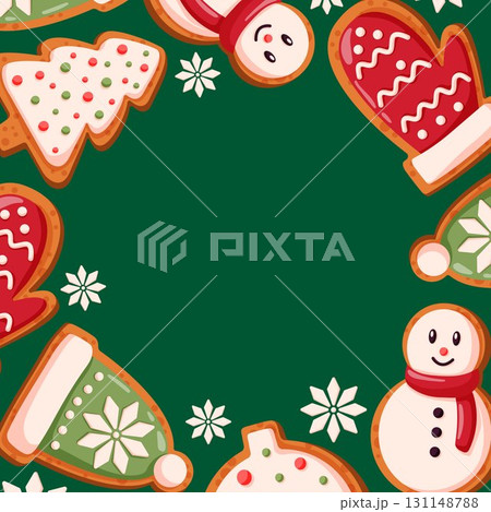 Christmas gingerbread cookie frame with festive bakery snowman, mitten, hat, tree and snowflake on green background. Cartoon style illustration for holiday, dessert cafe menu and seasonal design. 131148788