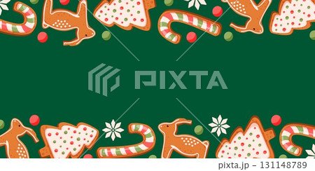 Festive green background with gingerbread cookie, candy cane and decorative snowflakes for holiday celebration in cartoon style. Festive green background with gingerbread cookie, candy cane and decorative snowflakes for holiday celebration in cartoon style. 131148789
