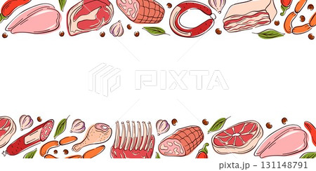 Border frame in flat style with various meats on a white background. Include steak, sausage, ribs and vegetable. Perfect for culinary book, packaging or restaurant branding. 131148791
