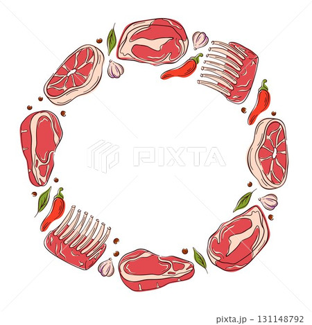 Circular frame of raw meat cut, steak, ribs with herbs, pepper, garlic and spices on a white background in flat style. 131148792