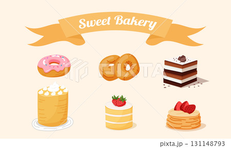 Sweet bakery set with donuts cakes and desserts illustration Sweet bakery set with donuts cakes and desserts illustration 131148793