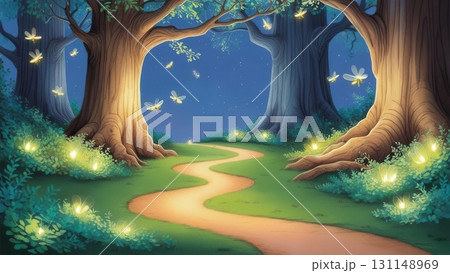 Magical Enchanted Forest Path Illuminated by Glowing Fireflies Under Starry Night Sky 131148969