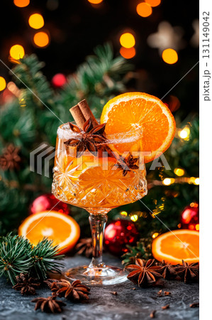 Christmas punch or mulled wine with rum, cranberries, citrus and spices on a rustic background 131149042