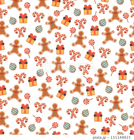 Christmas-themed seamless pattern with gingerbread, candy canes, gifts, and ornaments background 131149915