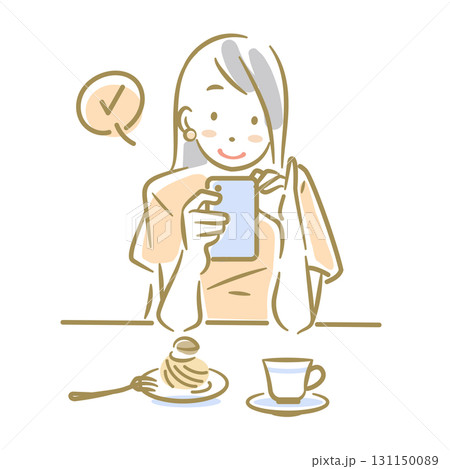 カフェでスマホを操作する笑顔の女性 ソフトなタッチのお洒落な線画イラスト カフェでスマホを操作する笑顔の女性 ソフトなタッチのお洒落な線画イラスト 131150089