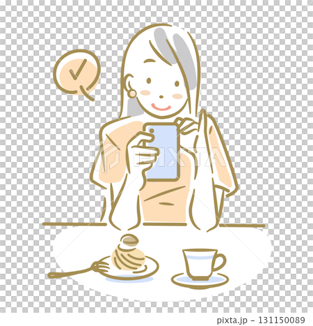 一位面帶微笑的女士在咖啡館操作智慧型手機。一幅柔和而時尚的線條畫。 131150089