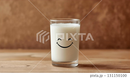 笑顔がついたグラスに注がれた牛乳 131150100
