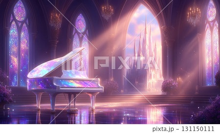 幻想的な虹色のピアノと城の風景 131150111