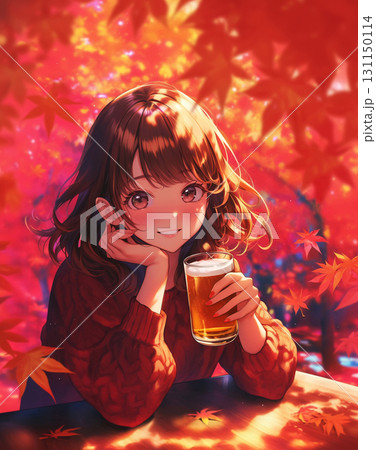 秋の公園でビールを飲む女性　AI画像 131150114