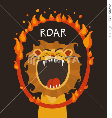 A poster with a lion with an open mouth and a burning ring and the inscription roar on a dark background 131150242
