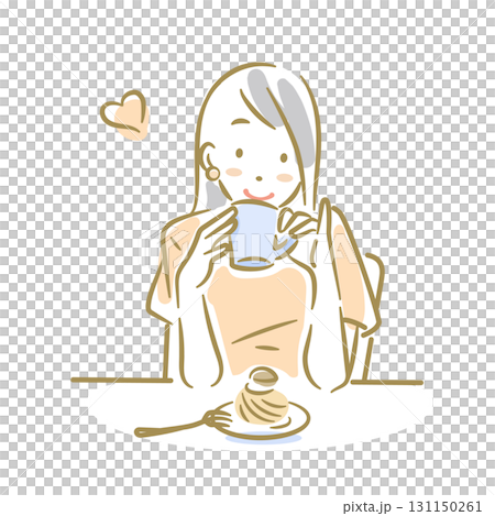 一位女士正在享用甜點——一幅柔和、時尚的線條畫 131150261