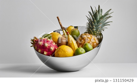 A bowl of fruit with a pineapple in the center 131150429