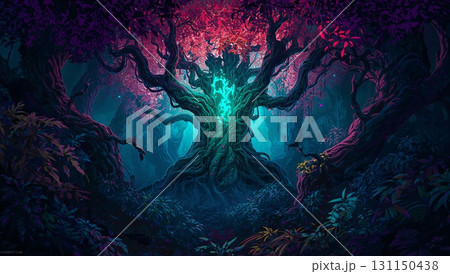 A colorful forest scene with a large tree in the center 131150438
