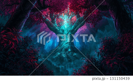 A tree with blue leaves and red branches 131150439