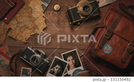 A collection of vintage cameras and postcards sit on a wooden table 131150492