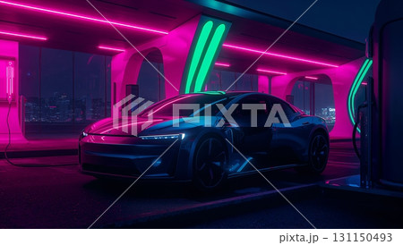 A futuristic car is parked at a charging station 131150493