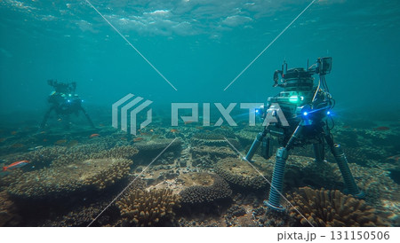 Two underwater robots are exploring the ocean floor Two underwater robots are exploring the ocean floor 131150506