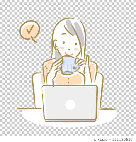 ノートパソコンの前で笑顔でコーヒーを飲む女性　ソフトなタッチのお洒落な線画イラスト 131150610