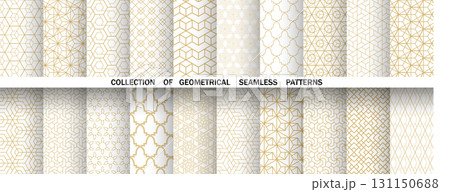 Geometric set of seamless golden and white patterns. Simple vector graphics Geometric set of seamless golden and white patterns. Simple vector graphics 131150688