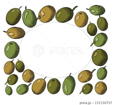 Olive berry Oval rectangle frame template. Vector graphic line ink colored illustration. Use for cosmetic package, shop, store, products, spa salon, wellness program, skin. Olive berry Oval rectangle frame template. Vector graphic line ink colored illustration. Use for cosmetic package, shop, store, products, spa salon, wellness program, skin. 131150737
