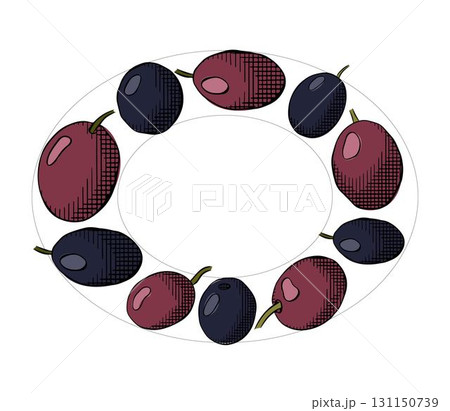 Olive black berry Oval template. Vector graphic line ink colored illustration. Fruitless rosemary, bay leaf circle frame for card, food cosmetic label Isolated line art from background Olive black berry Oval template. Vector graphic line ink colored illustration. Fruitless rosemary, bay leaf circle frame for card, food cosmetic label Isolated line art from background 131150739