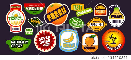 Retro organic fruit stickers set isolated on black 131150831