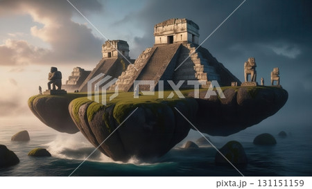 Mysterious Ancient Temple Ruins on Floating Island Above the Ocean Under Dramatic Sky 131151159
