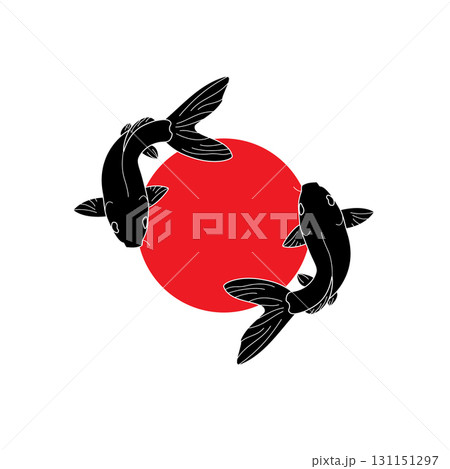 Vector Art of Two Koi Carp Fishes on Painted Red Circle Illustration. Designs for T-shirts, Tattoos, Stickers, Gaming Logos or Posters Vector Art of Two Koi Carp Fishes on Painted Red Circle Illustration. Designs for T-shirts, Tattoos, Stickers, Gaming Logos or Posters 131151297