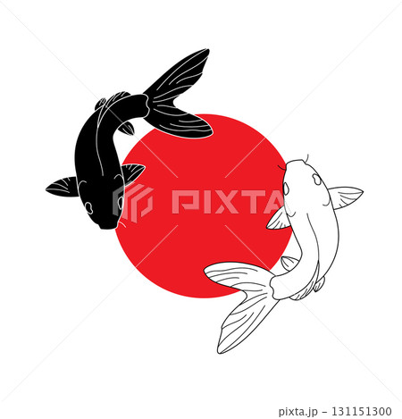 Two fish in a circle in the style of Japanese or Chinese painting, Sumi-e. Vector illustration. Two fish in a circle in the style of Japanese or Chinese painting, Sumi-e. Vector illustration. 131151300