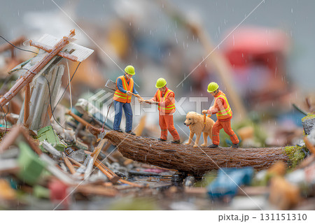 地震や台風の被害を捜索する救助隊員と災害救助犬（ジオラマ） 131151310
