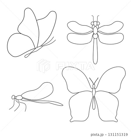 Set of stylized dragonflies and butterflies. Collection of linear flying dragonflies and butterflies. Vector illustration of on a white background. 131151319