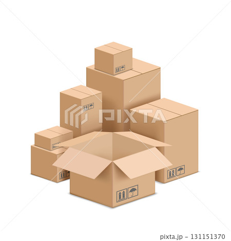 Blank open box. Stacks of cardboard boxe 131151370