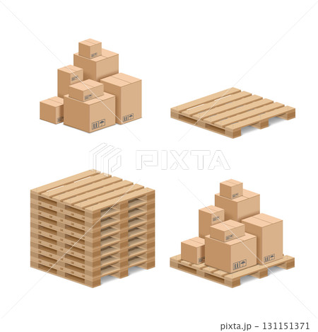 Set of isometric cardboard boxes on a wooden pallet 131151371